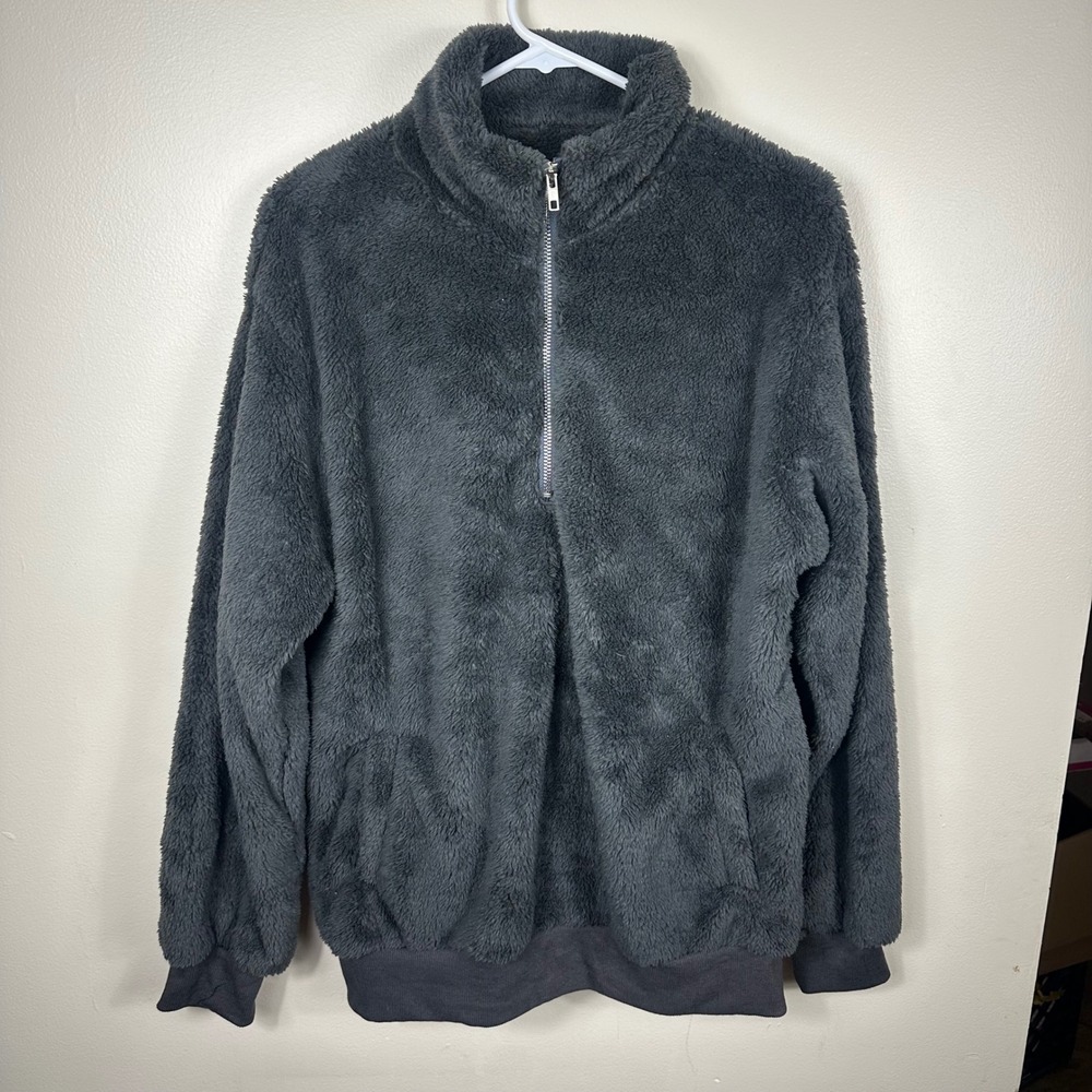 Merokeety Fleece Pullover Womens XL Grey Quarter Zip Teddy Jacket Outdoor Cozy